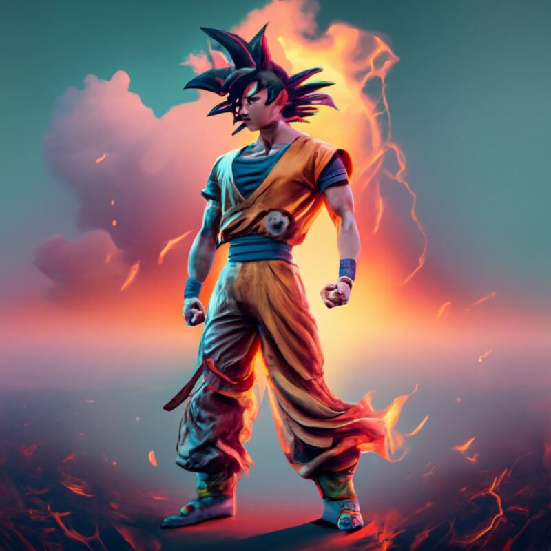 Goku standing top 3D the text “ISAI” high definition, characterized in Ironman style, white background, depth colorful smoke thunder lightni