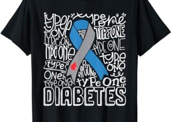 Grey And Blue Ribbon Typography Type 1 Diabetes Awareness T-Shirt PNG File