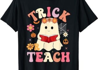 Groovy Halloween Trick Or Teach Retro Floral Ghost Teacher T-Shirt PNG File