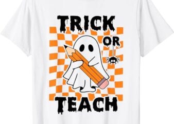 Groovy Halloween Trick or Teach Retro Floral Ghost Teacher T-Shirt png file
