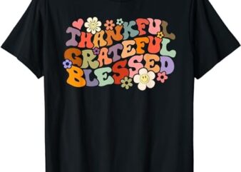Groovy Retro Thankful Grateful Blessed Floral Thanksgiving T-Shirt