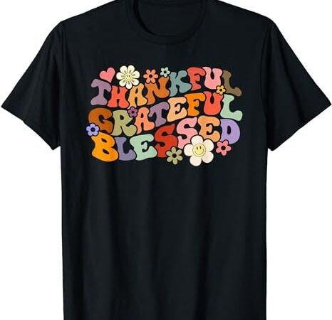 Groovy retro thankful grateful blessed floral thanksgiving t-shirt