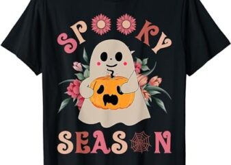 Groovy Spooky Season Cute Ghost Holding Pumpkin Halloween T-Shirt PNG File