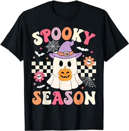 Groovy spooky season retro ghost holding pumpkin halloween t-shirt