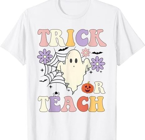 Groovy teacher halloween trick or teach retro floral ghost t-shirt