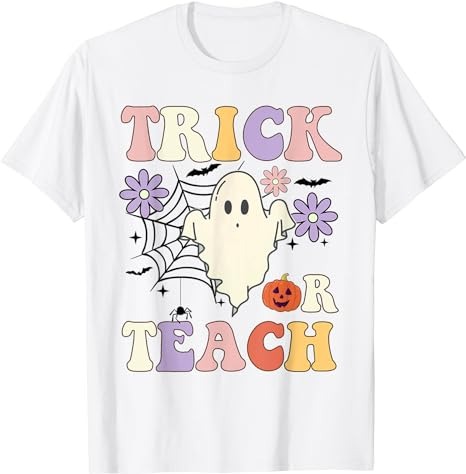 Groovy Teacher Halloween Trick or Teach Retro Floral Ghost T-Shirt