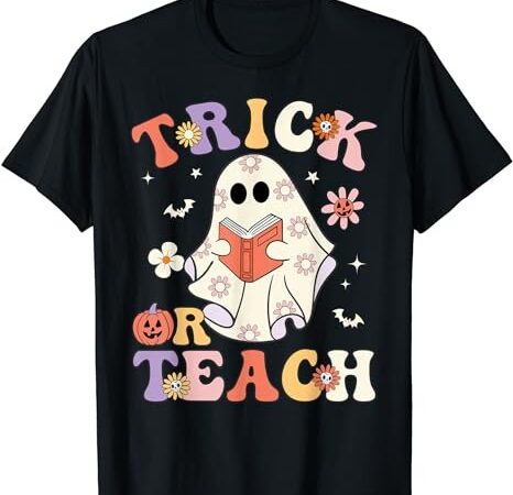 Groovy teacher halloween trick or teach retro floral ghost t-shirt png file
