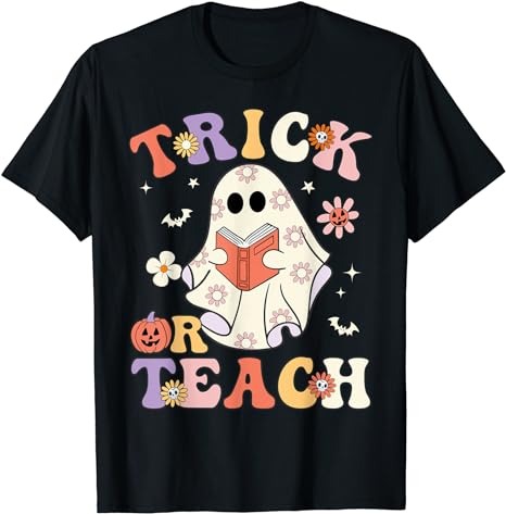 Groovy Teacher Halloween Trick or Teach Retro Floral Ghost T-Shirt PNG File