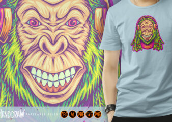 Groovy jungle harmony with gorilla dreadlock t shirt design template