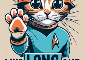 cartoon kitten dressed as spock from star trek, one paw in front giving high five playful, cute, with text “live long and pawsper” PNG File