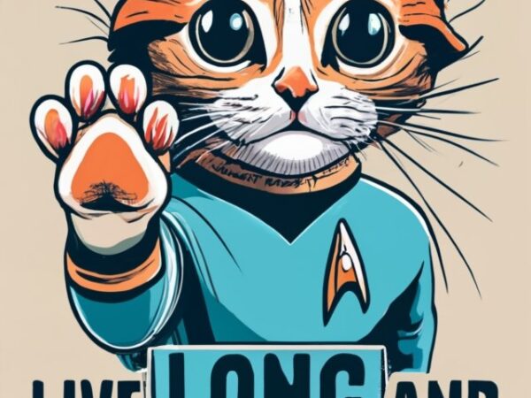 Cartoon kitten dressed as spock from star trek, one paw in front giving high five playful, cute, with text “live long and pawsper” png file t shirt vector file