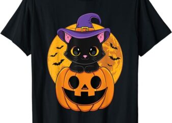 Halloween Black Cat Witch Hat Pumpkin For Kids Girls T-Shirt PNG File