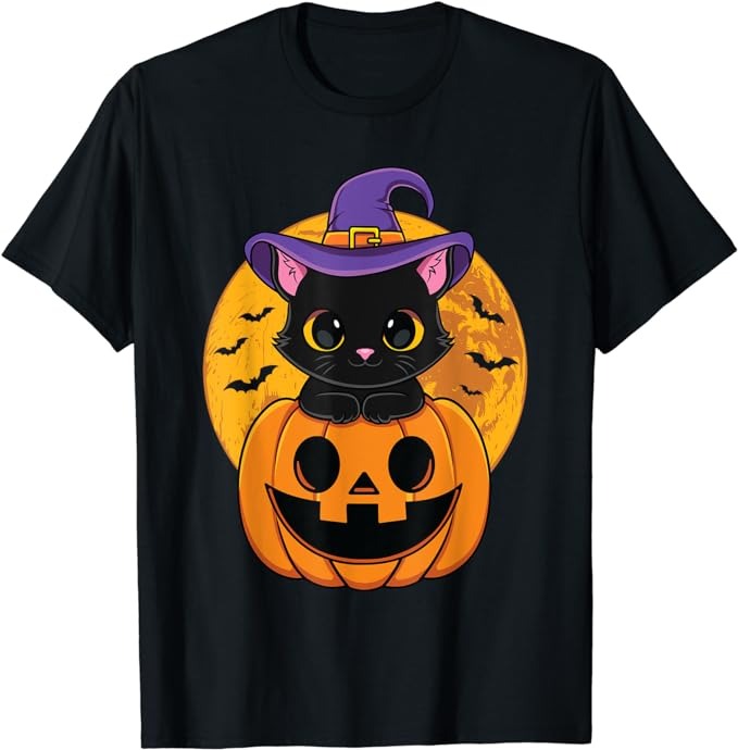 Halloween Black Cat Witch Hat Pumpkin For Kids Girls T-Shirt PNG File