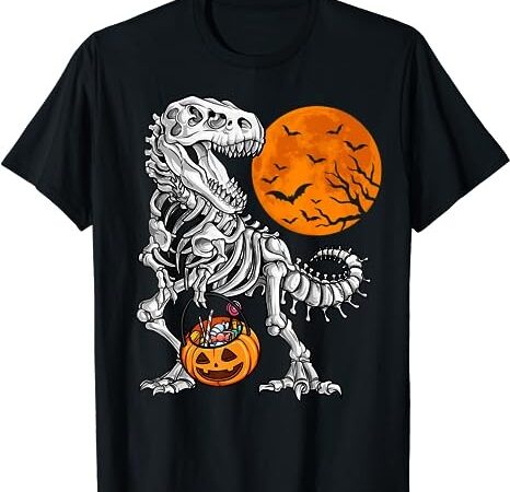 Halloween boys dinosaur skeleton t rex scary pumpkin moon t-shirt