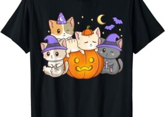 Halloween Cats Anime Cat Kawaii Neko Pumpkin Cat Lover Witch T-Shirt PNG File