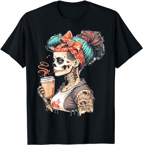 Halloween Skeleton Messy Bun Coffee Funny Costume Mom Women T-Shirt