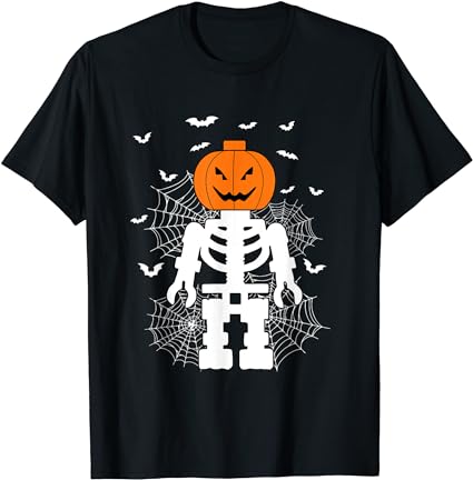 Halloween skeleton pumpkin master builder block building t-shirt