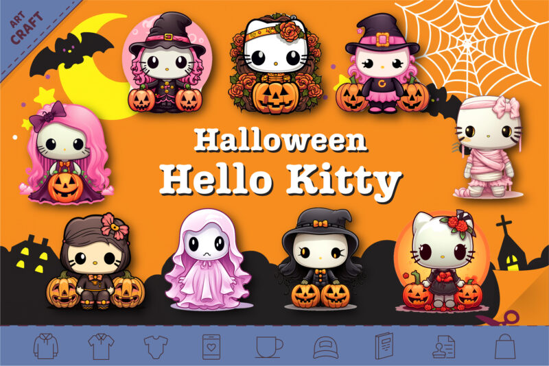 Halloween Spooky Kitty Stickers. Bundle PNG.