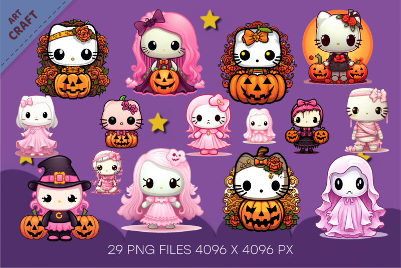 Halloween Spooky Kitty Stickers. Bundle PNG.