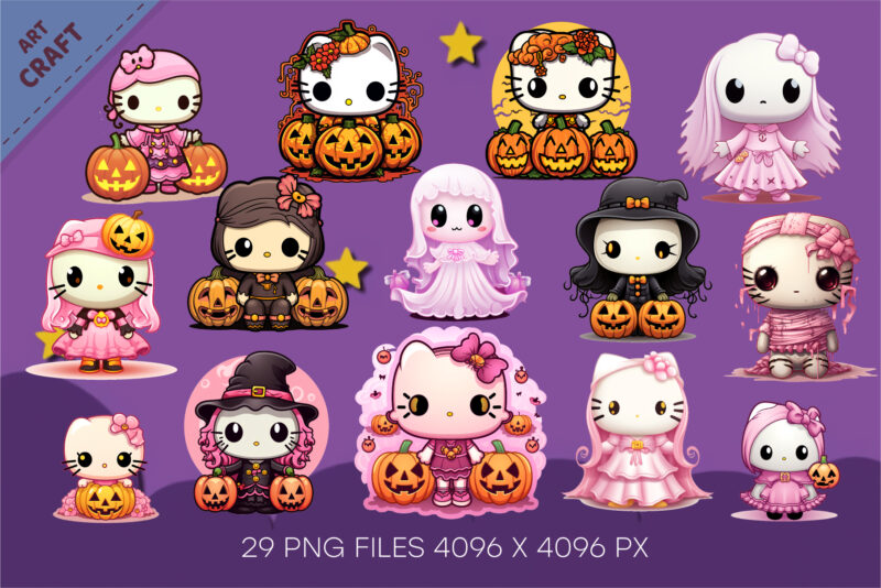 Halloween Spooky Kitty Stickers. Bundle PNG.