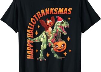 Happy HalloThanksMas T-rex Halloween Thanksgiving Christmas T-Shirt