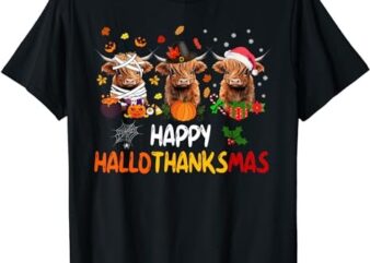 Happy Hallothanksmas Highland Cow Print Halloween Christmas T-Shirt PNG File