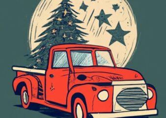 Hexagon vintage border, vintage T-shirt design of an ink drawing of a Silhouette of an Old Red Truck with a christmas tree in the back. Also