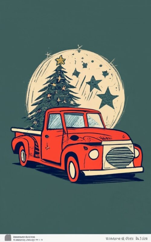 Hexagon vintage border, vintage T-shirt design of an ink drawing of a Silhouette of an Old Red Truck with a christmas tree in the back. Also
