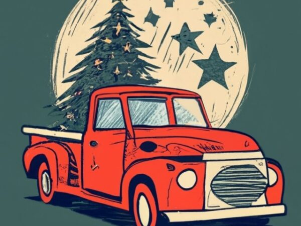Hexagon vintage border, vintage t-shirt design of an ink drawing of a silhouette of an old red truck with a christmas tree in the back. also