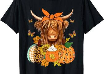 Highland Cow Fall And Leaves Pumpkins Autumn Thanksgiving T-Shirt