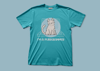 I am a purrgrammer | Cute cat and laptop screen t shirt design for sale