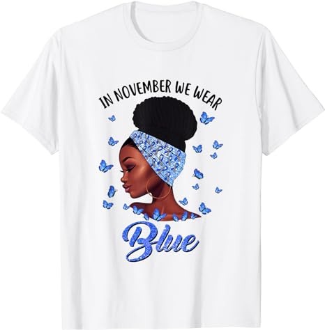 In November We Wear Blue Black Woman Diabetes Awareness T-Shirt PNG File