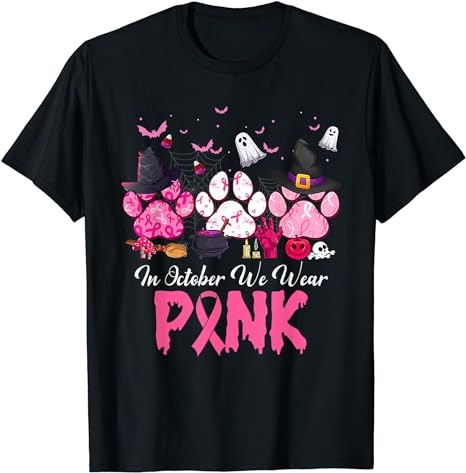 In October We Wear Pink Breast Cancer Halloween Dog Paws T-Shirt PNG File