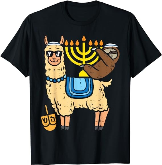 Jewish Llama Sloth Menorah Funny Animal Hanukkah Chanukah PJ T-Shirt PNG File