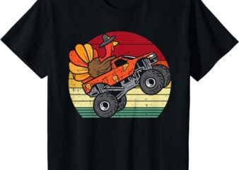 Kids Monster Truck Turkey Sunset Retro Thanksgiving Boys Kids T-Shirt