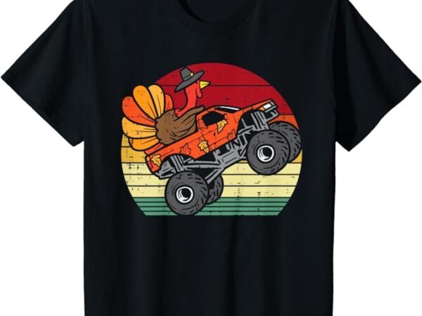 Kids monster truck turkey sunset retro thanksgiving boys kids t-shirt