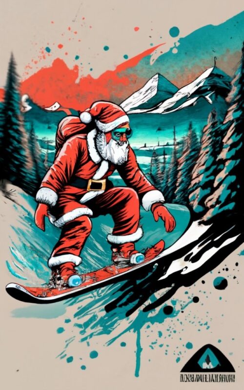 “Krystian” t-shirt design, of Santa with a clear highly detailed face, wearing sunglasses, snowboarding down a wintery mountain. watercolor
