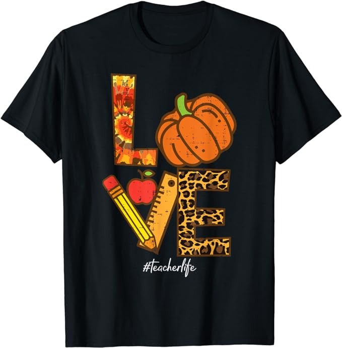 Leopard Pumpkin Love Teacher Life Thanksgiving Fall Women T-Shirt