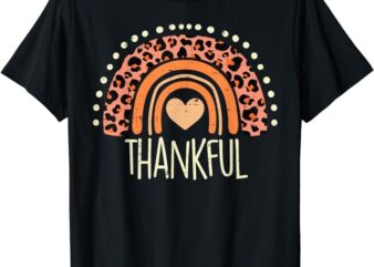 Leopard Rainbow Thankful Thanksgiving Teacher Women Kids T-Shirt