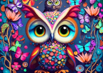 Marisol 3d painting splashes and colorful butterflies, owl sitting in front of background for t-shirt, fantasy art, sci-fi, lotus flower, ph