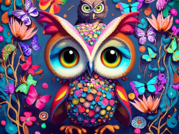 Marisol 3d painting splashes and colorful butterflies, owl sitting in front of background for t-shirt, fantasy art, sci-fi, lotus flower, ph