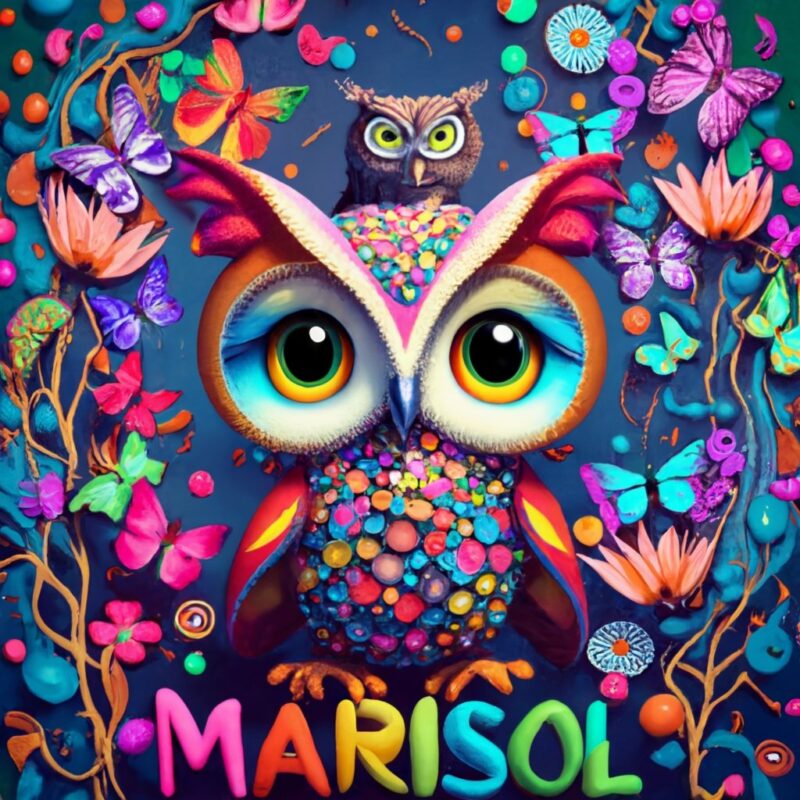 Marisol 3d painting splashes and colorful butterflies, owl sitting in front of background for t-shirt, fantasy art, sci-fi, lotus flower, ph