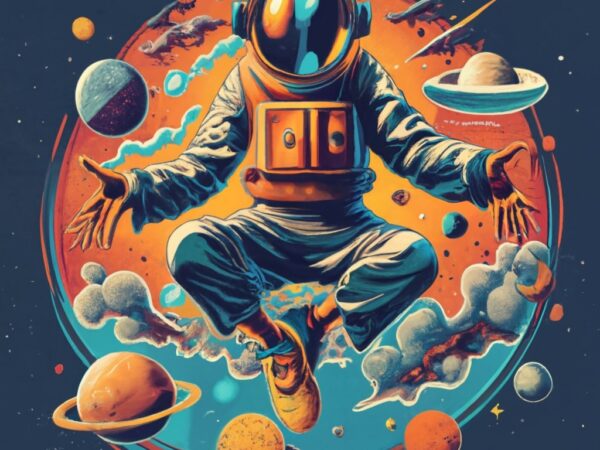 Monk floating in space, t-shirt design, nike shoes, name “cienfuegos “ in back png file Monk floating in space, t-shirt design, nike shoes, name “cienfuegos “ in back png file
