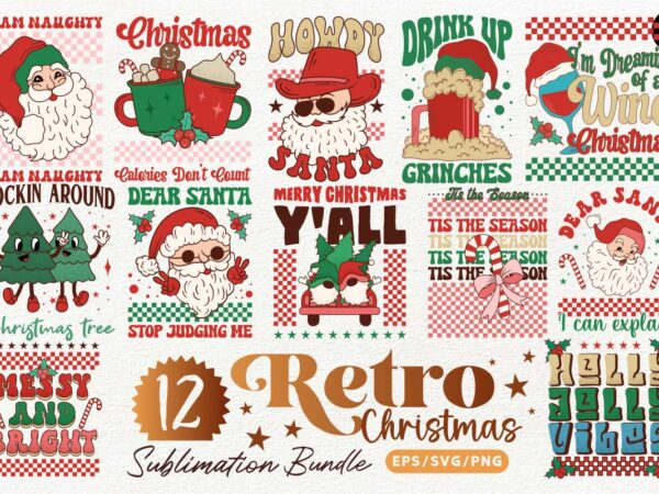 Retro christmas vintage t-shirt designs sublimation bundle, retro x-mas designs for t-shirt