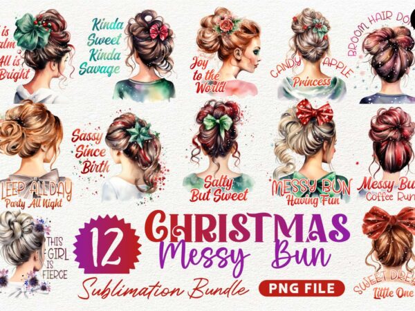 Christmas messy bun sublimation designs png bundle