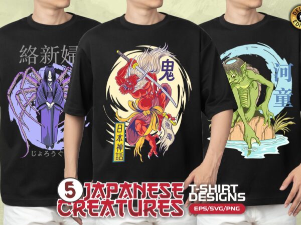 Japanese creatures t-shirt designs bundle vector and png