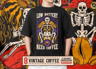 Vintage Coffee Skeleton T-shirt Designs Vector Bundle, Coffee Graphic Tshirt