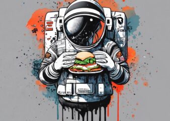 Mamza t-shirt design, street astronaut eating sandwich. watercolor splash, with the name “suburbanos” PNG File
