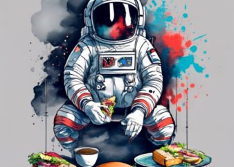 Mamza t-shirt design, street astronaut eating sandwich. watercolor splash, with the name “suburbanos” PNG File
