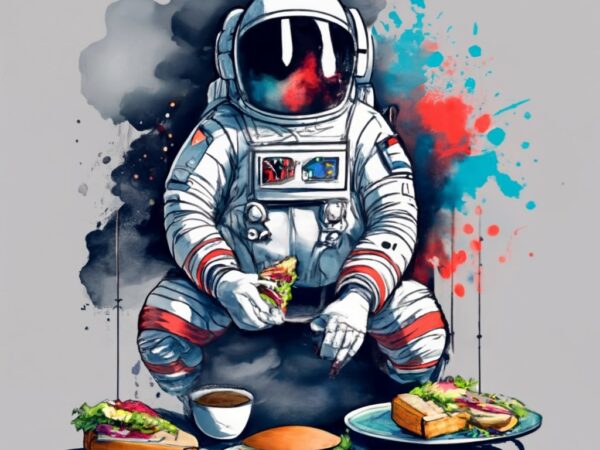 Mamza t-shirt design, street astronaut eating sandwich. watercolor splash, with the name “suburbanos” png file